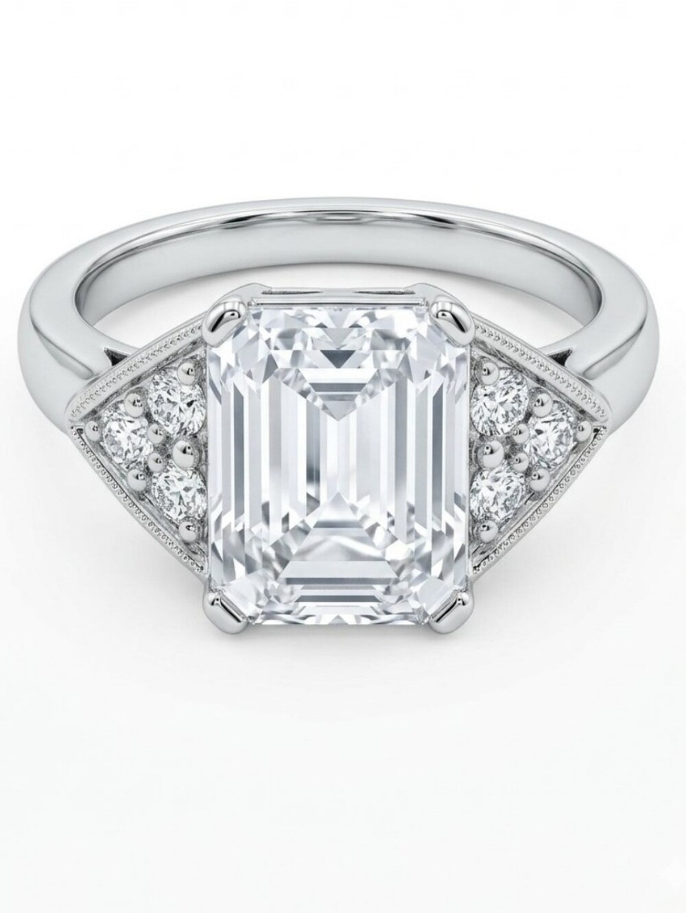 Emerald-Cut Solitaire Halo Ring in Sterling Silver with White Stones - Size 7
